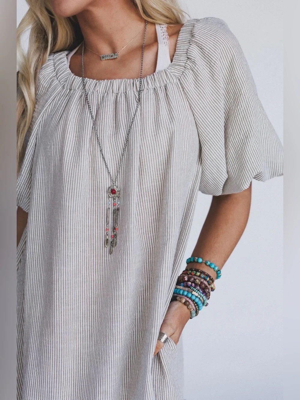 Three Bird Nest Solace Ruffled Hem Dress Beige Striped Puff Sleeve Boho Small - Picture 2 of 12